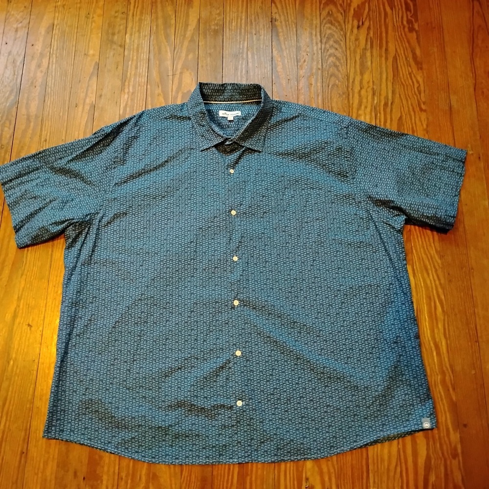Peter Millar Shirt Mens XXL 2XL Blue Button Short Sleeve Geometric Print Waves